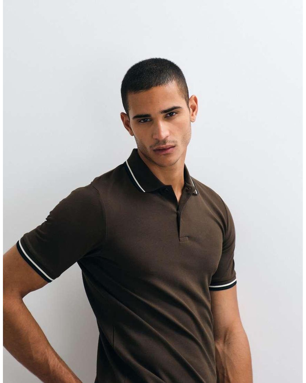 SELECTED Blue Tipped Collar Short Sleeve Polo for men