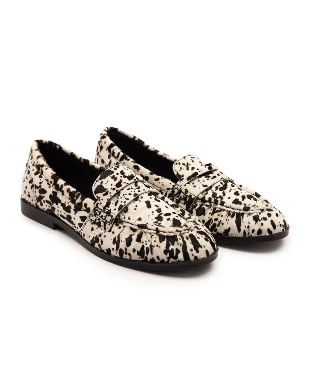 OFF THE HOOK Black Sienna Cow-Print Suede Leather Ruched Loafers