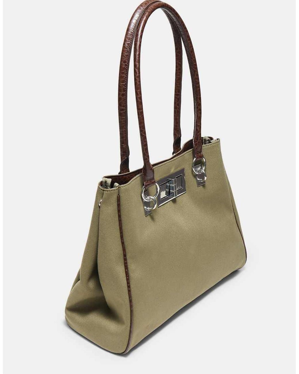 Stradivarius Green Shopper Bag With Metal Closure