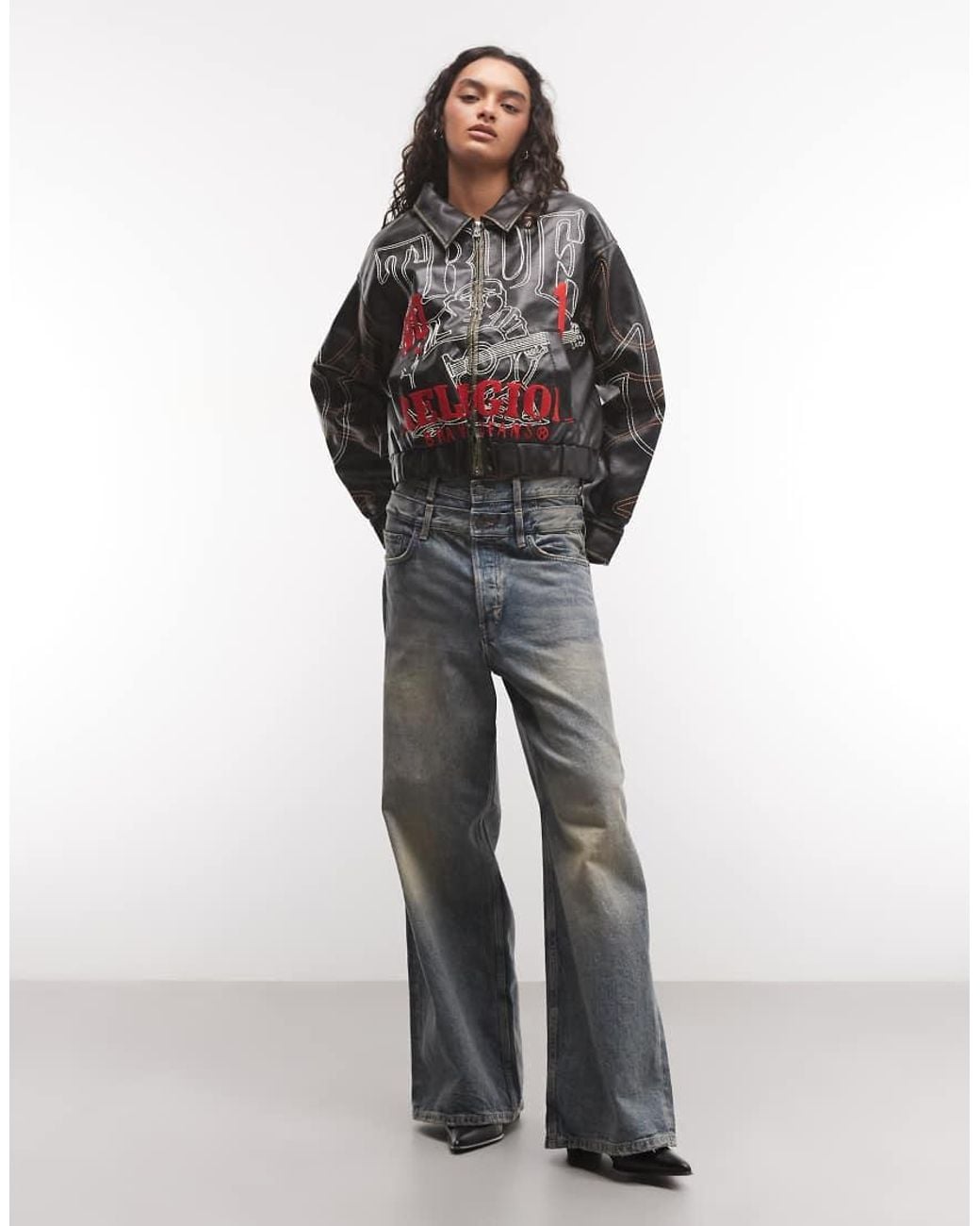 True Religion Black Embroidered Buddha Graphic Relaxed Fit Pu Bomber Jacket