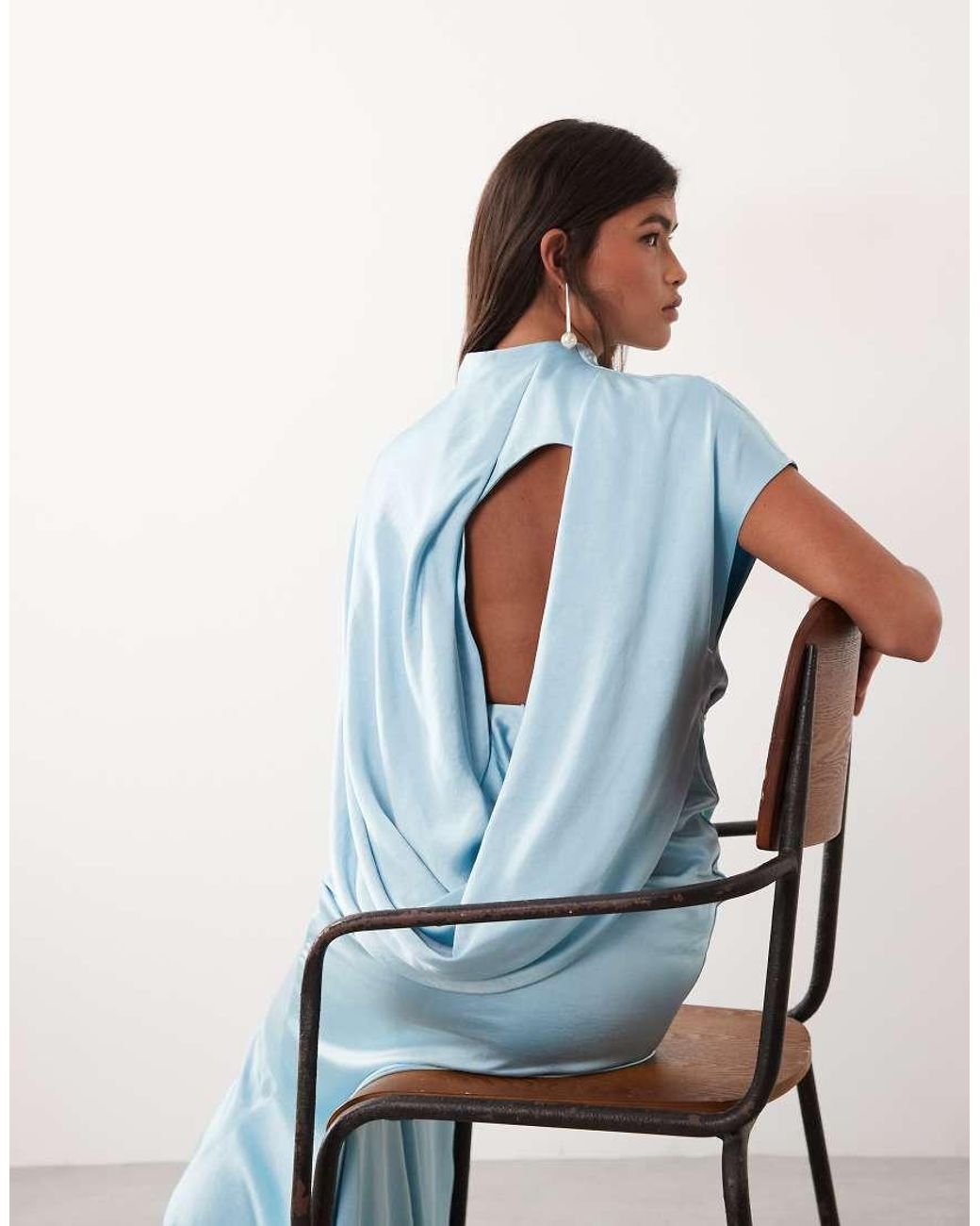ARRANGE Blue Cowl Open Back Minimal Column Maxi Dress