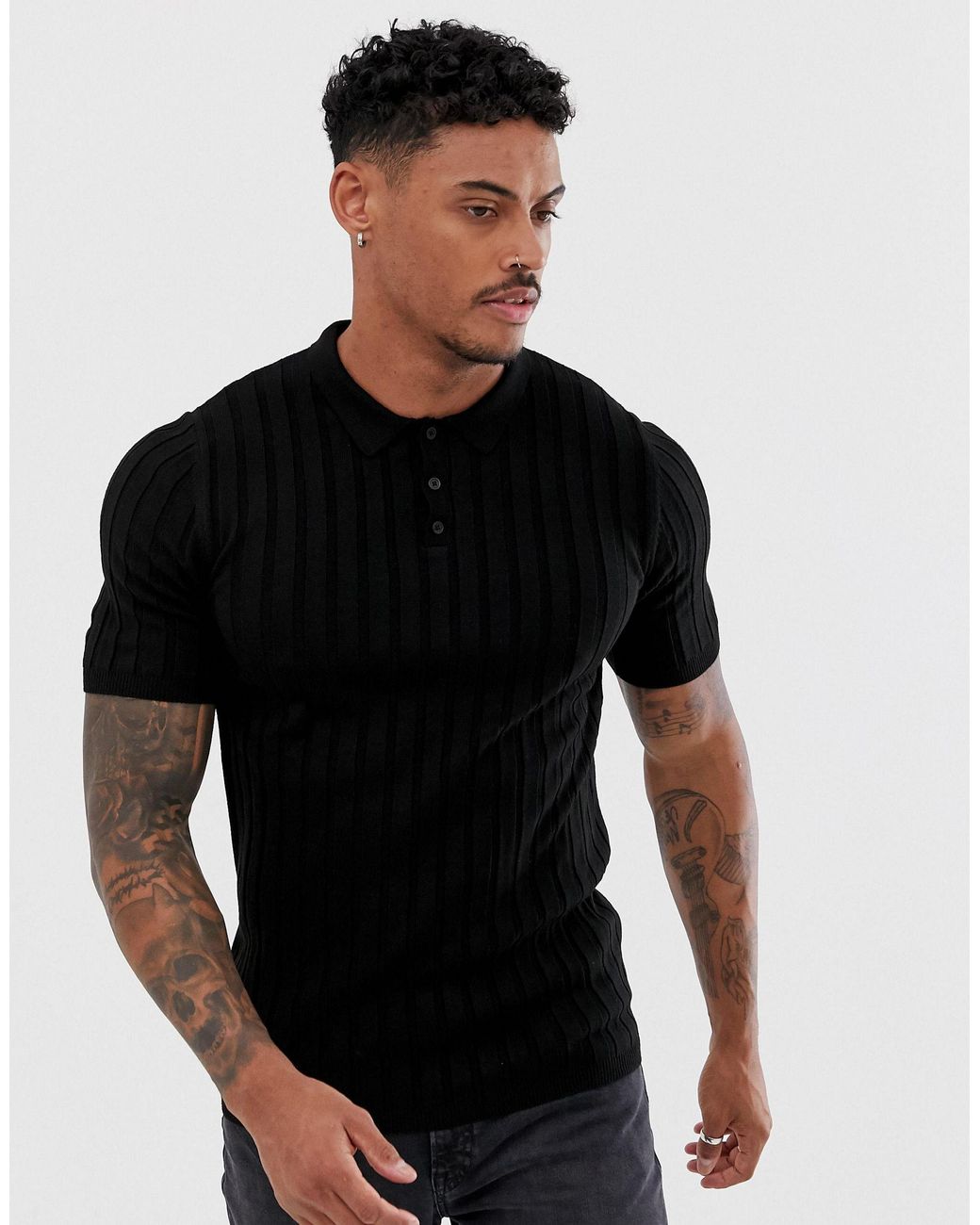 ASOS Knitted Ribbed Polo Shirt in Black for Men