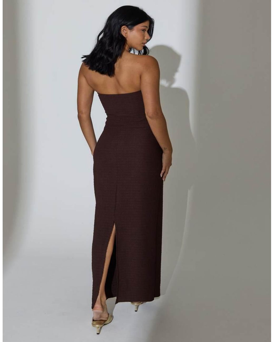 South Beach Brown Crinkle Bead Detail Waist Bandeau Maxi Dress
