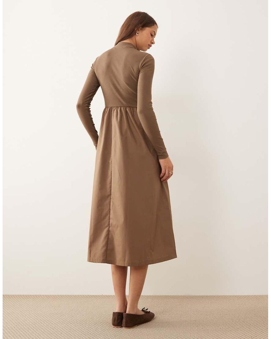 Threadbare Natural High Neck Jersey Poplin Mix Midi Dress