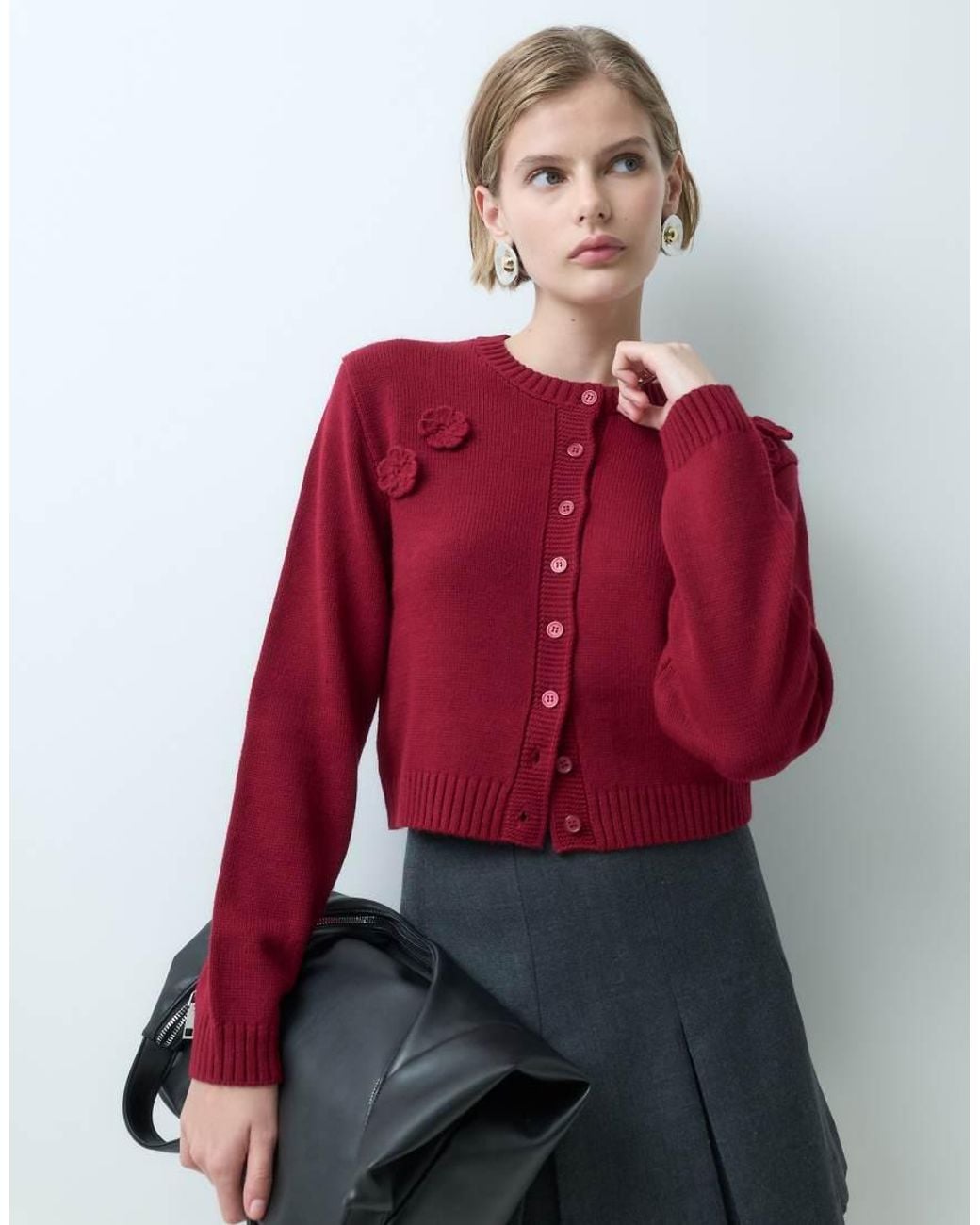 Miss Selfridge Red Button Front Cardi With Flowers