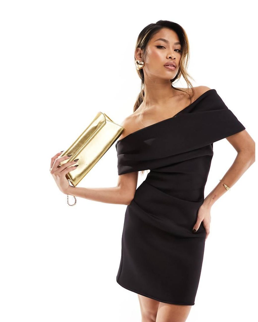 ASOS Black Pleated Bardot Mini Dress