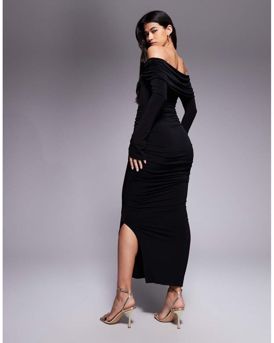 Ruched & Ready Black Sculpted Off Shoulder Hardware Detail Ruched Bodycon Maxi Dress