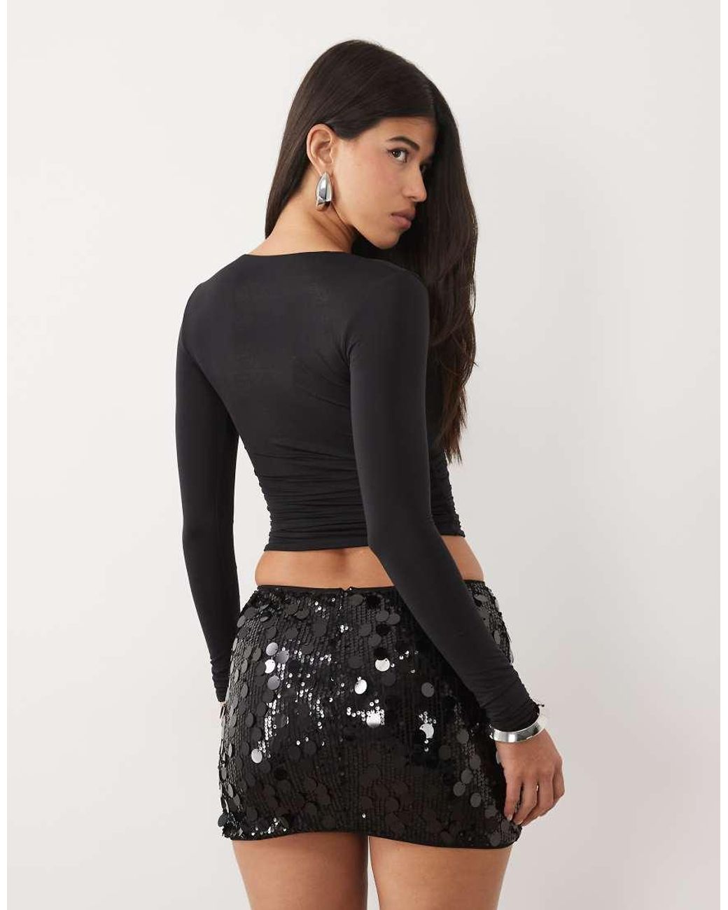 Kaiia Black Exclusive Disc Sequin Mid Waist Mini Skirt