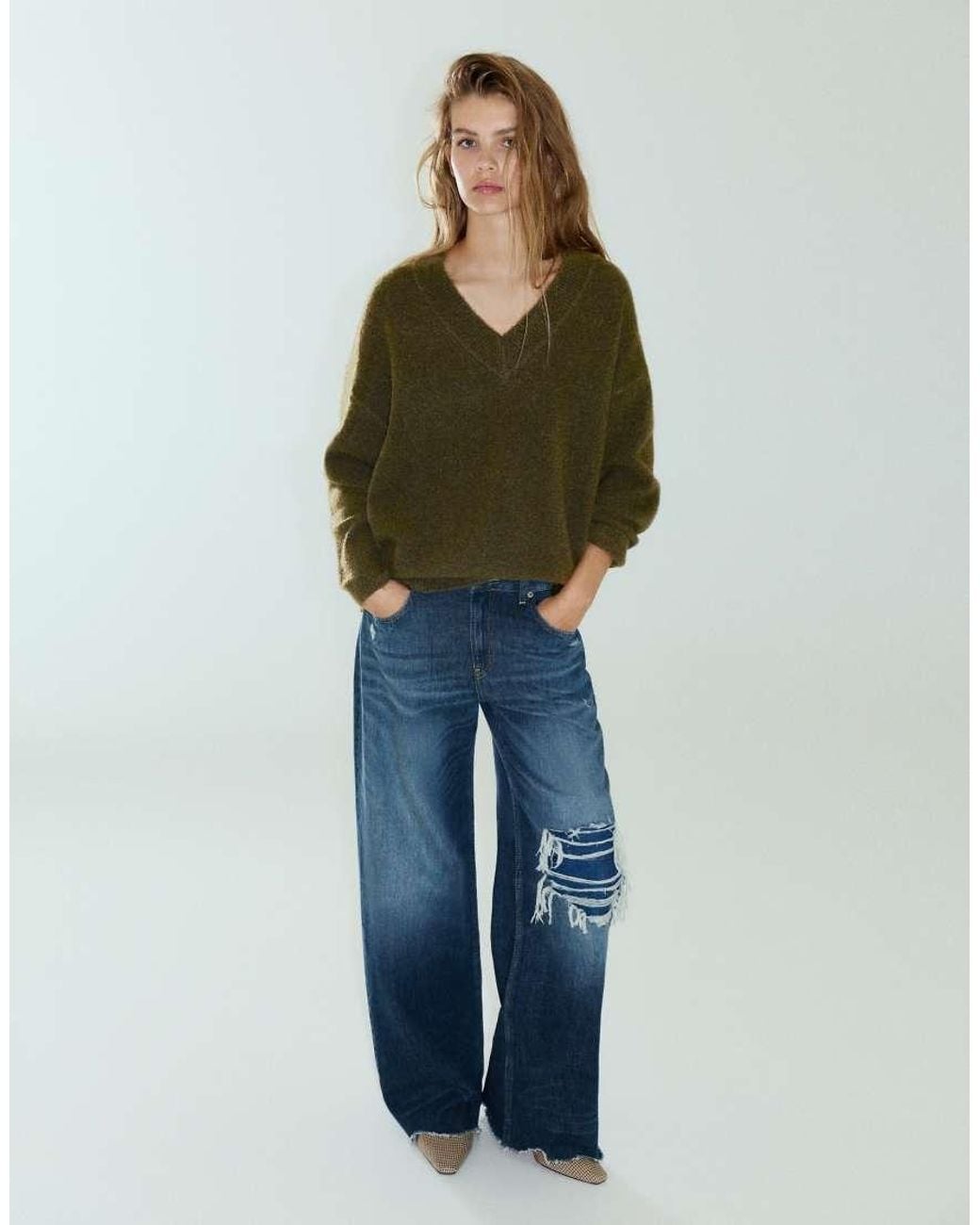 Pull&Bear Green Boxy V-Neck Jumper