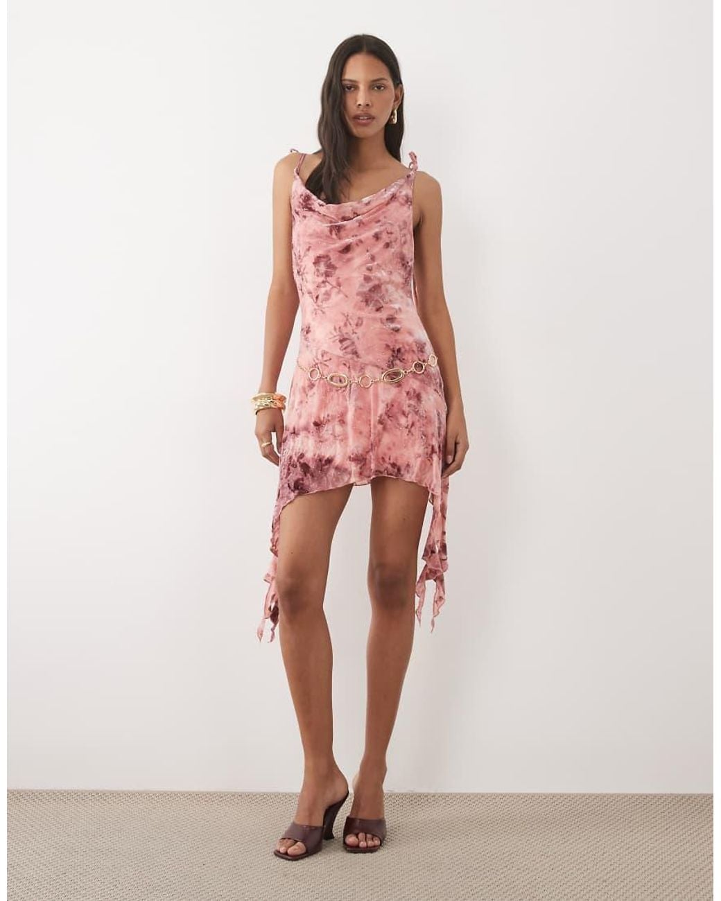 Miss Selfridge Pink Burn Out Hot Fix Cami Festival Cowl Mini Dress With Hanky Hem