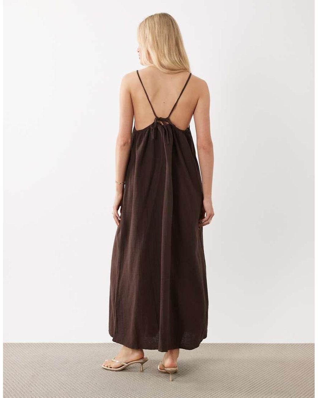 Vila Brown Crinkle Cotton Maxi Cami Slip Dress
