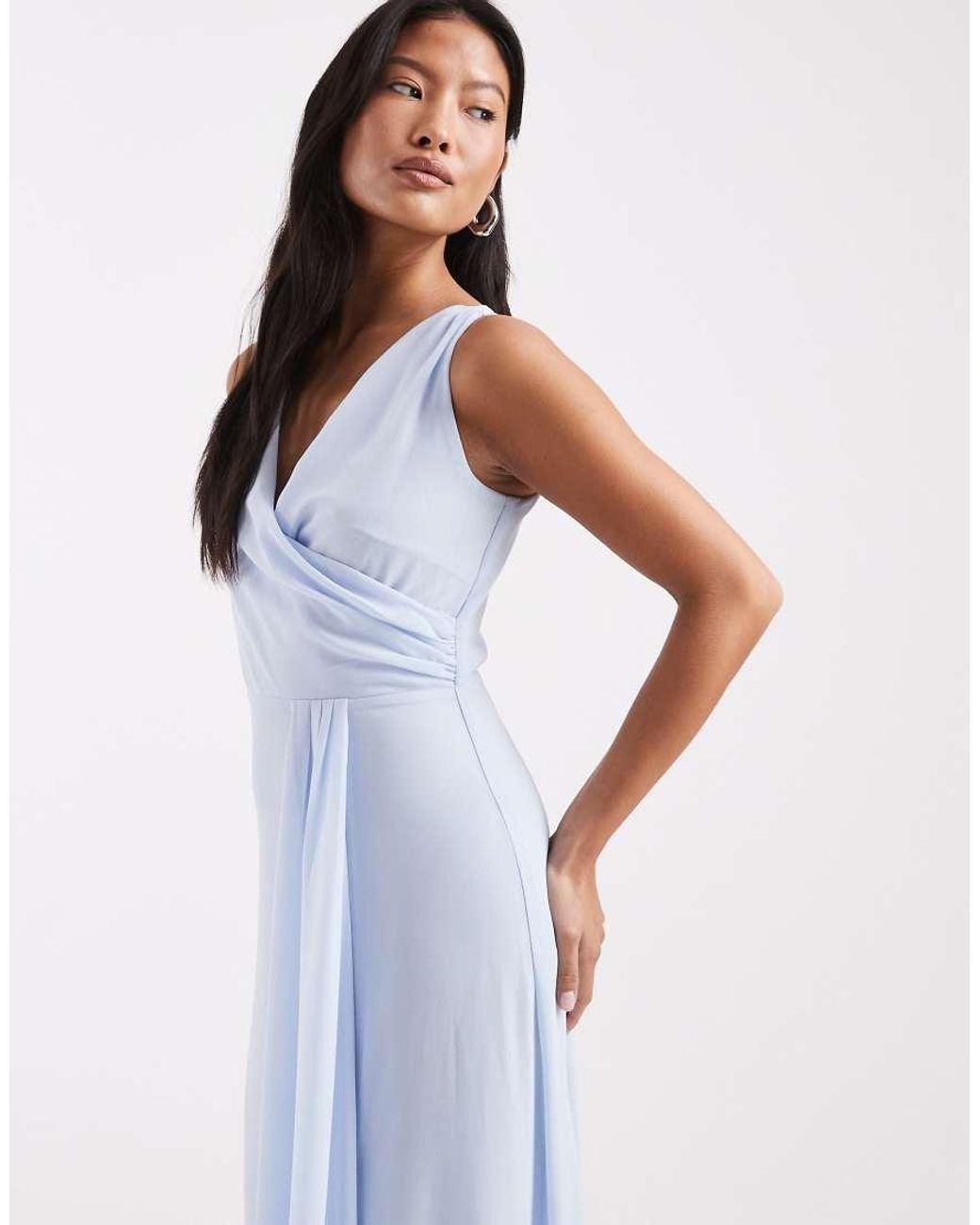 TFNC London Blue Bridesmaid Chiffon Wrap Top Draped Maxi Dress