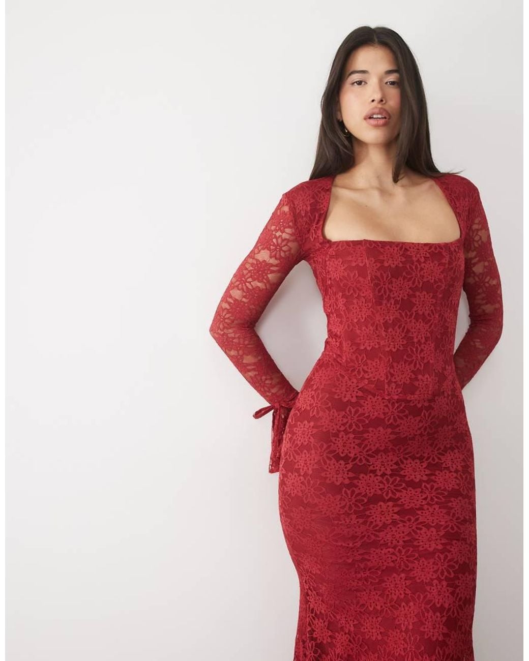 Wanderdoll Red Juliette Lace Square Neck Flare Sleeve Maxi Dress