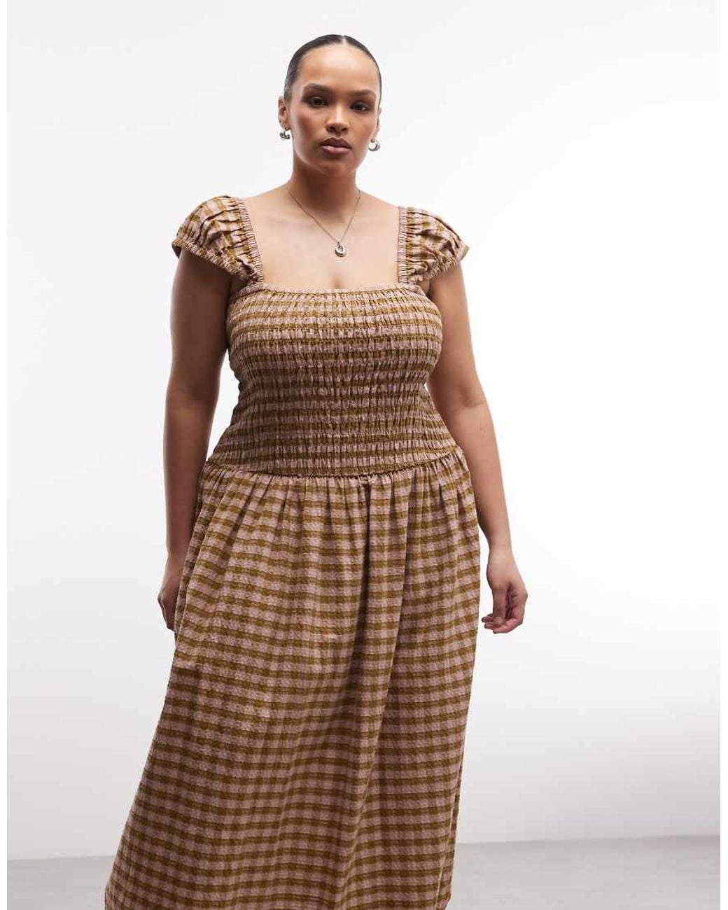 Collusion Brown Plus Shirred Cap Sleeve Midi Dress