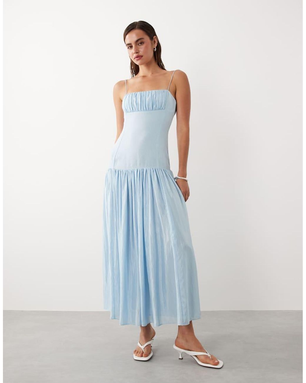 Mango Blue Ruched Strappy Maxi Dress