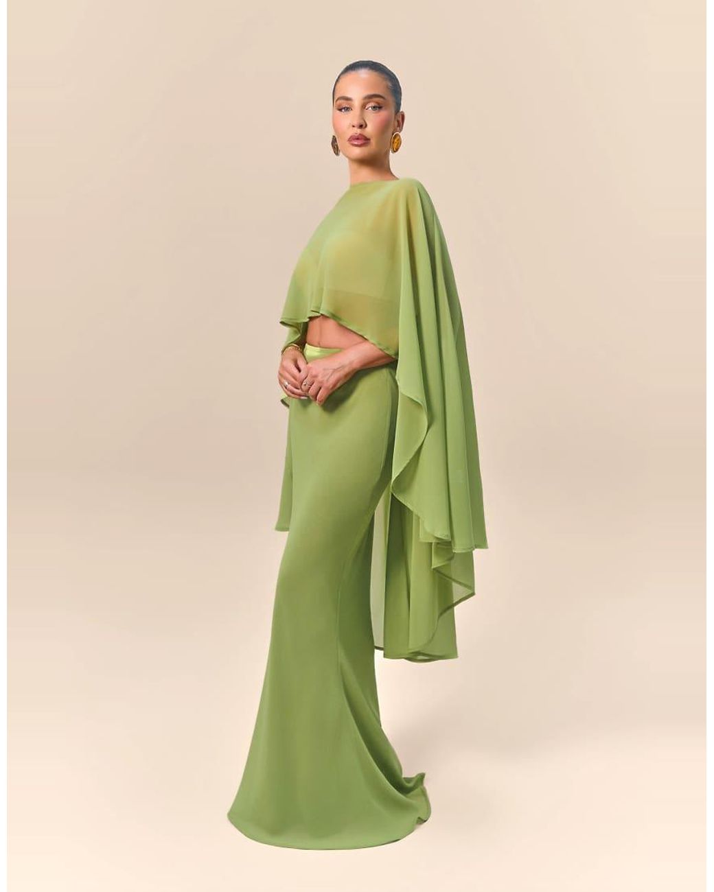 Wanderdoll Green X Emma Milton Primrose Chiffon Fishtail Maxi Skirt