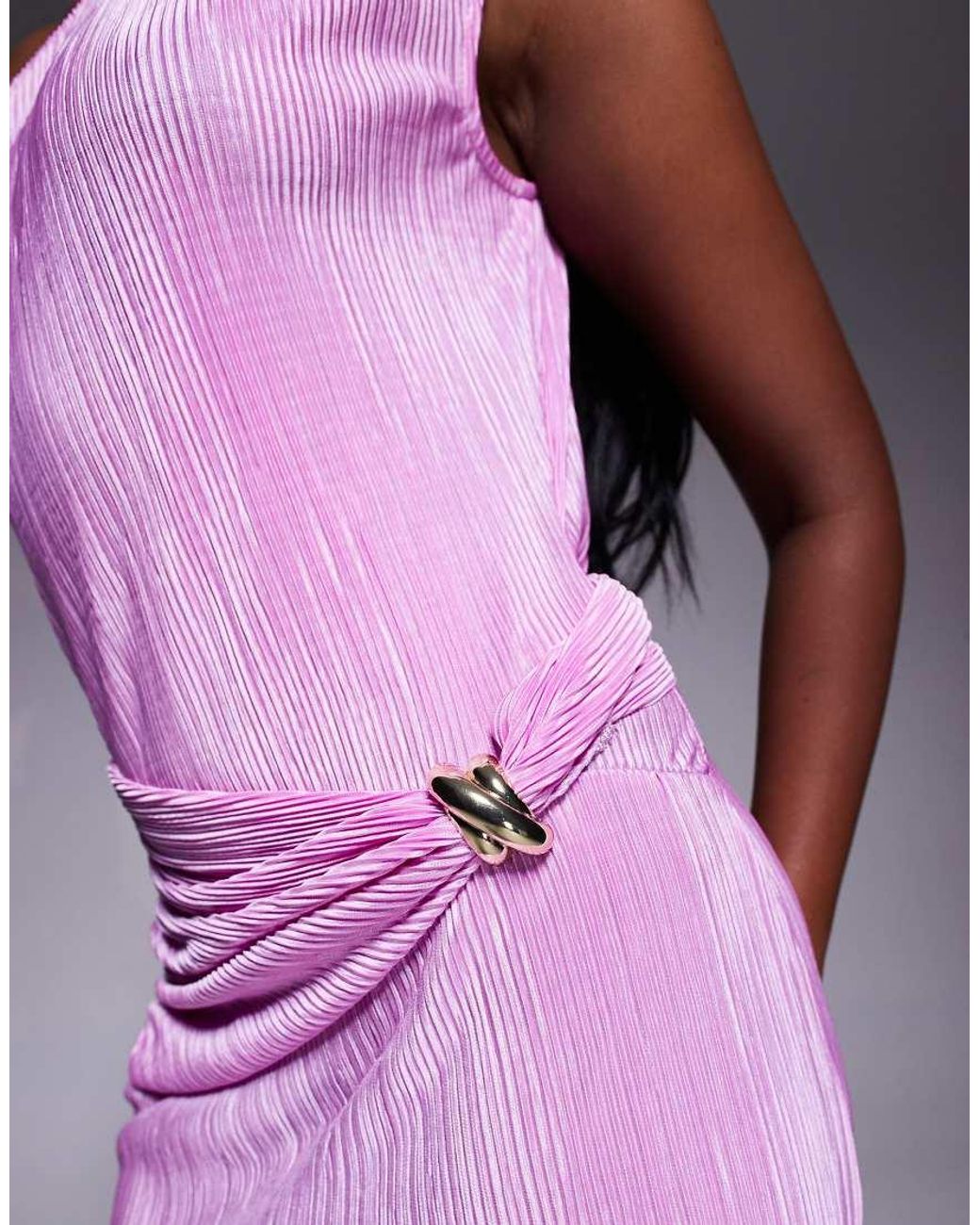 ASOS Purple Twist Fallen Shoulder With Ruching Drape Detail Plisse Maxi Dress