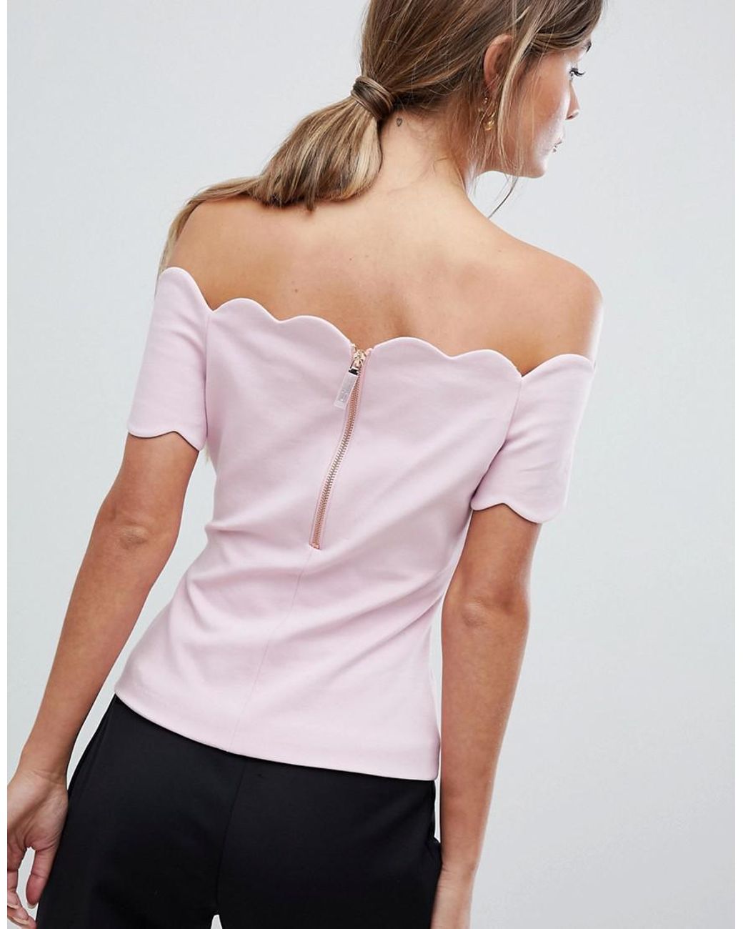 Ted Baker Scalloped Trim Bardot Top in Pink | Lyst