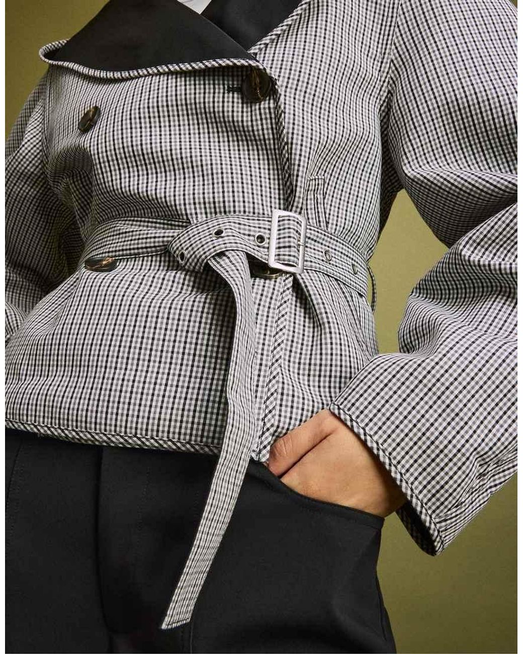 Stradivarius Green Short Reversible Check Trench Coat