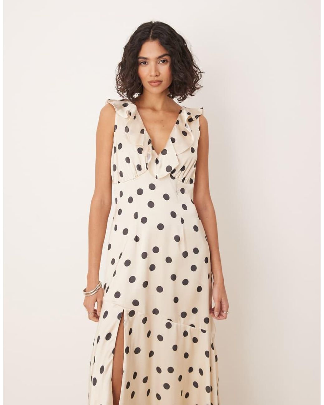 ANAYA Natural Polka Dot Asymmetric Midi Dress