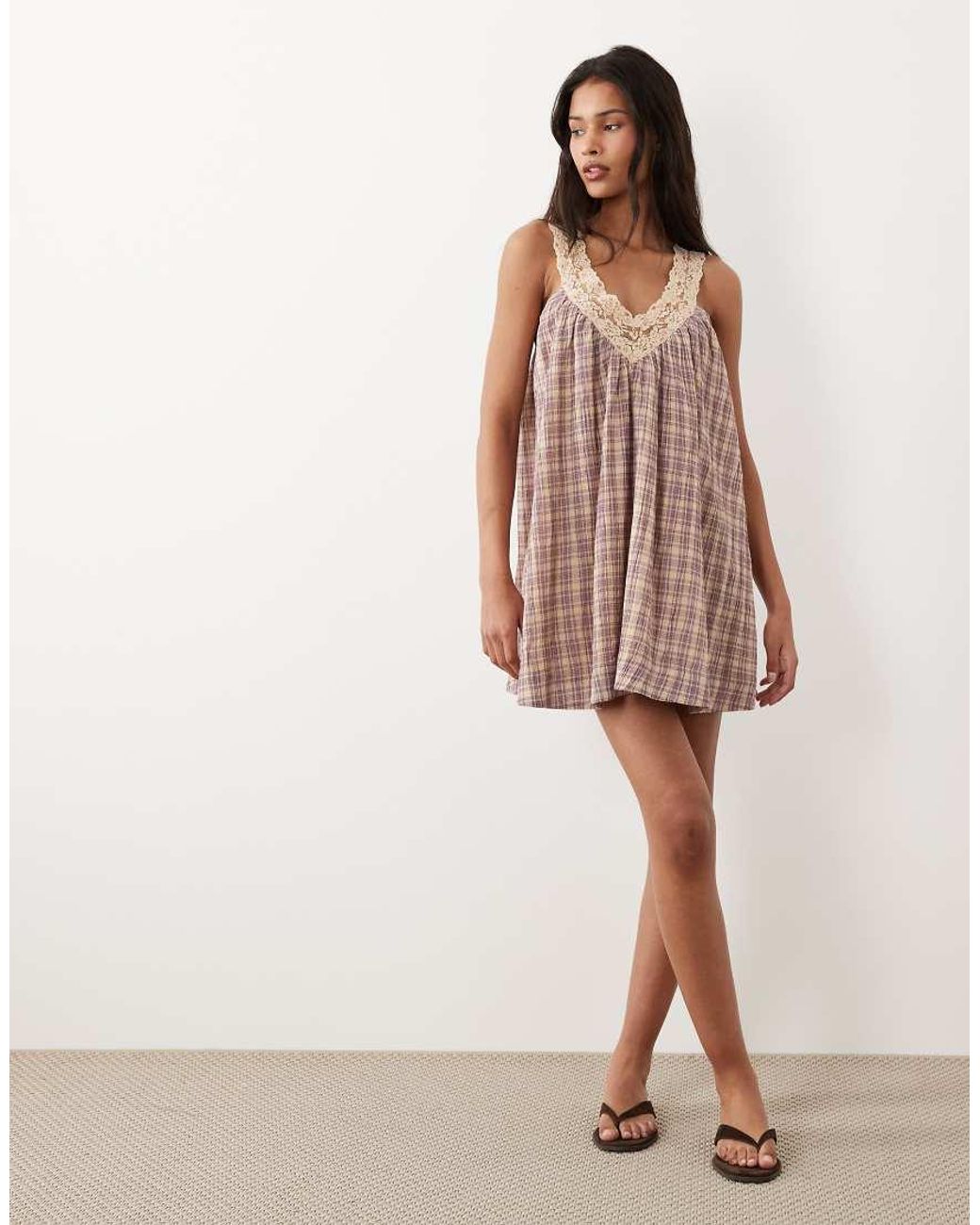 ASOS Brown V Neck Smock Poplin Mini Sundress With Tea Stained Lace Overlay