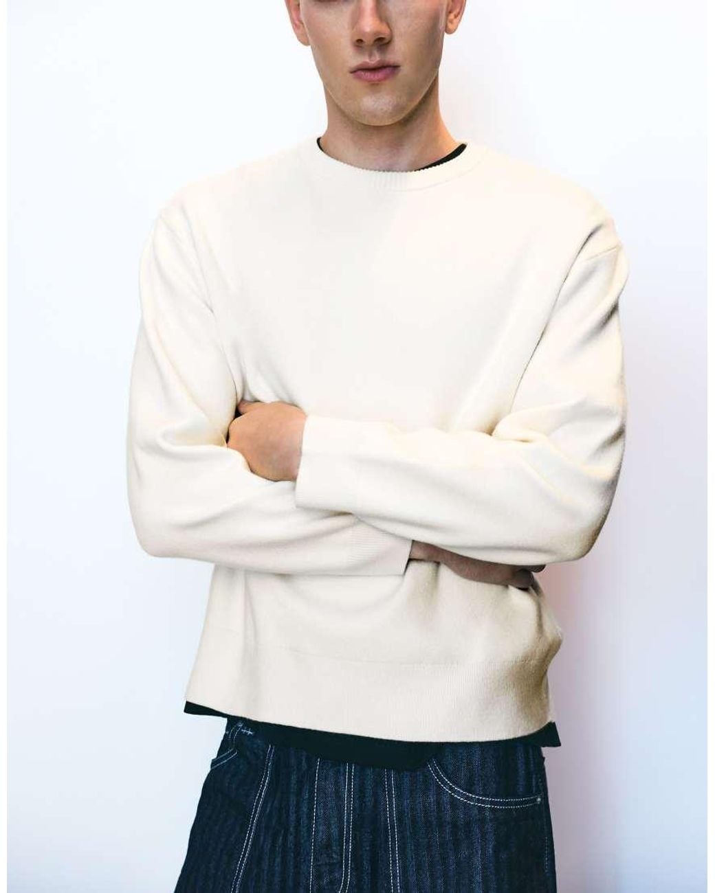 Pull&Bear White Round Neck Jumper for men