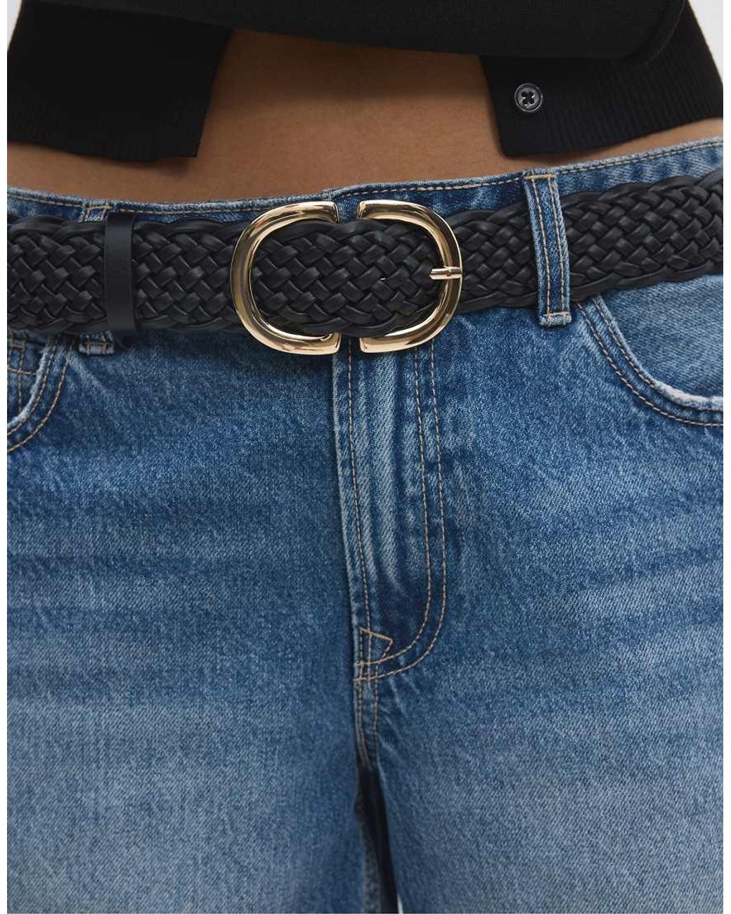 Stradivarius White Braided Double Buckle Belt