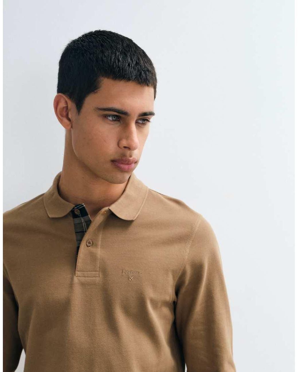 Barbour Brown Essential Long Sleeve Tartan Pique Polo Shirt for men
