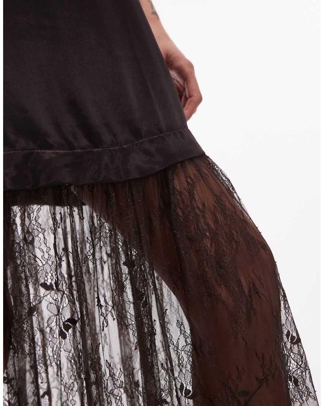 ASOS Brown Satin T-Shirt Hybrid Maxi Dress With Lace Skirt