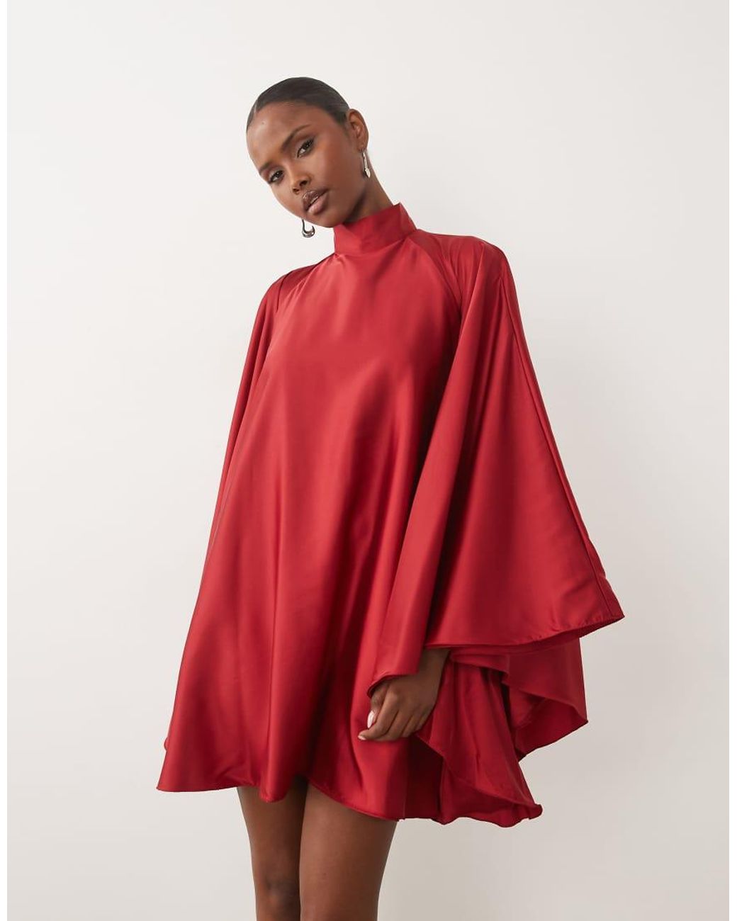 The Dolls House Red Lorena Satin Volume High Neck Open Back Mini Dress