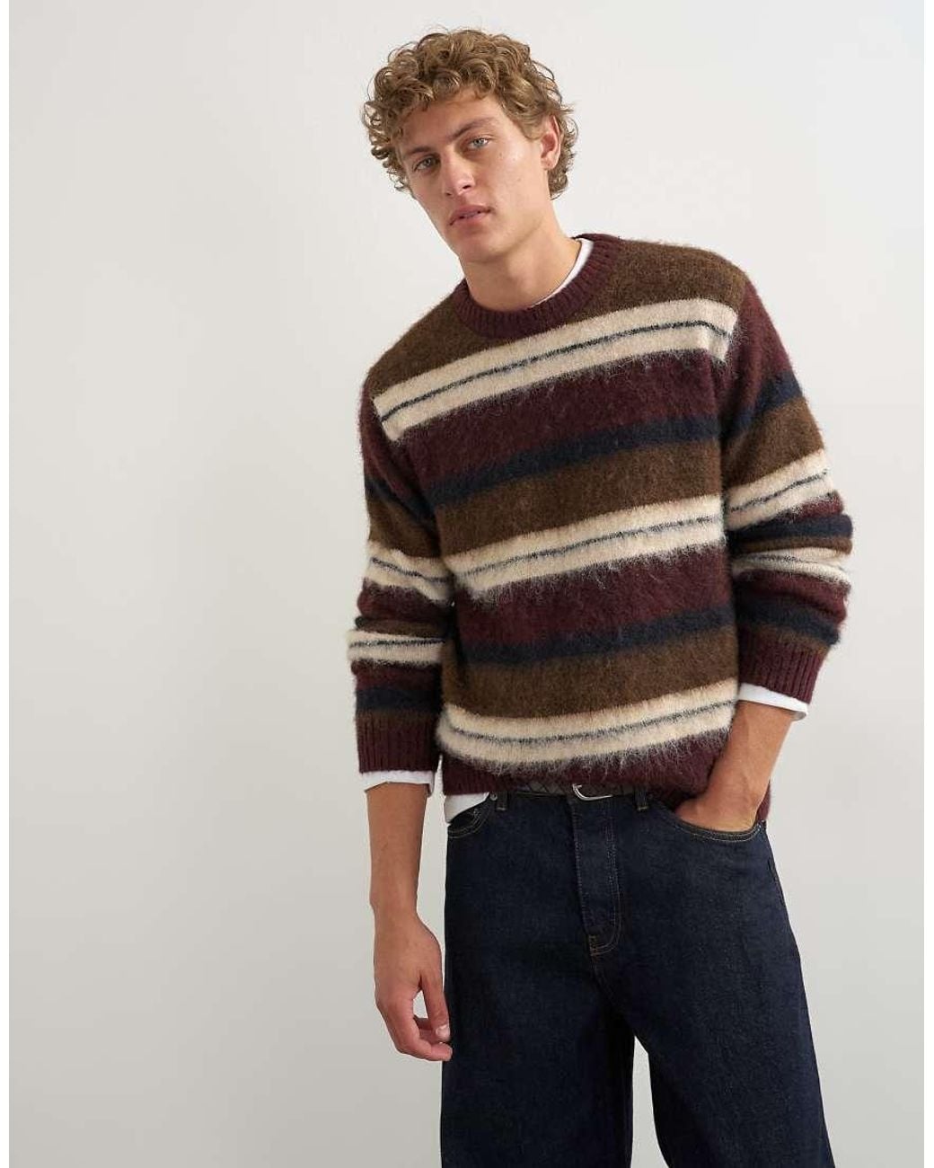 Topman Blue Relaxed Fit Fluffy Striped Knitted Jumper for men