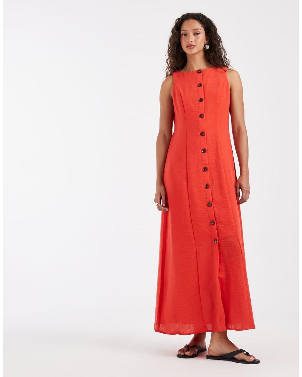 Vero Moda Red Linen Look Button Front Maxi Dress