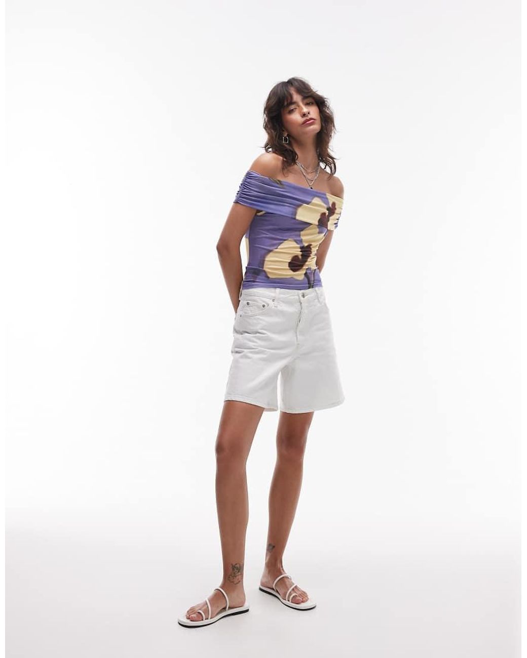TOPSHOP Purple Floral Print Microfibre Deep Fold Bardot Top
