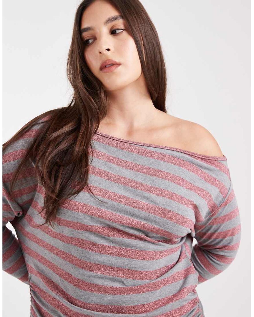 Collusion Purple Plus Stripe Off-shoulder Dress