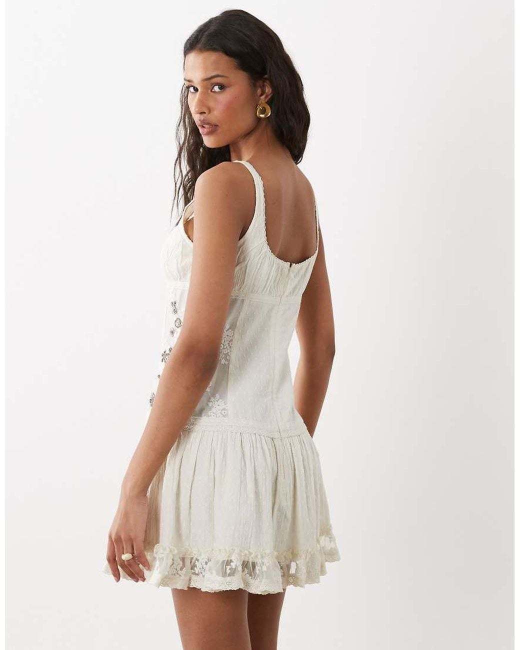 ASOS Natural Scoop Neck Mini Dress With Sheer Lace Panels And Floral Embellishment