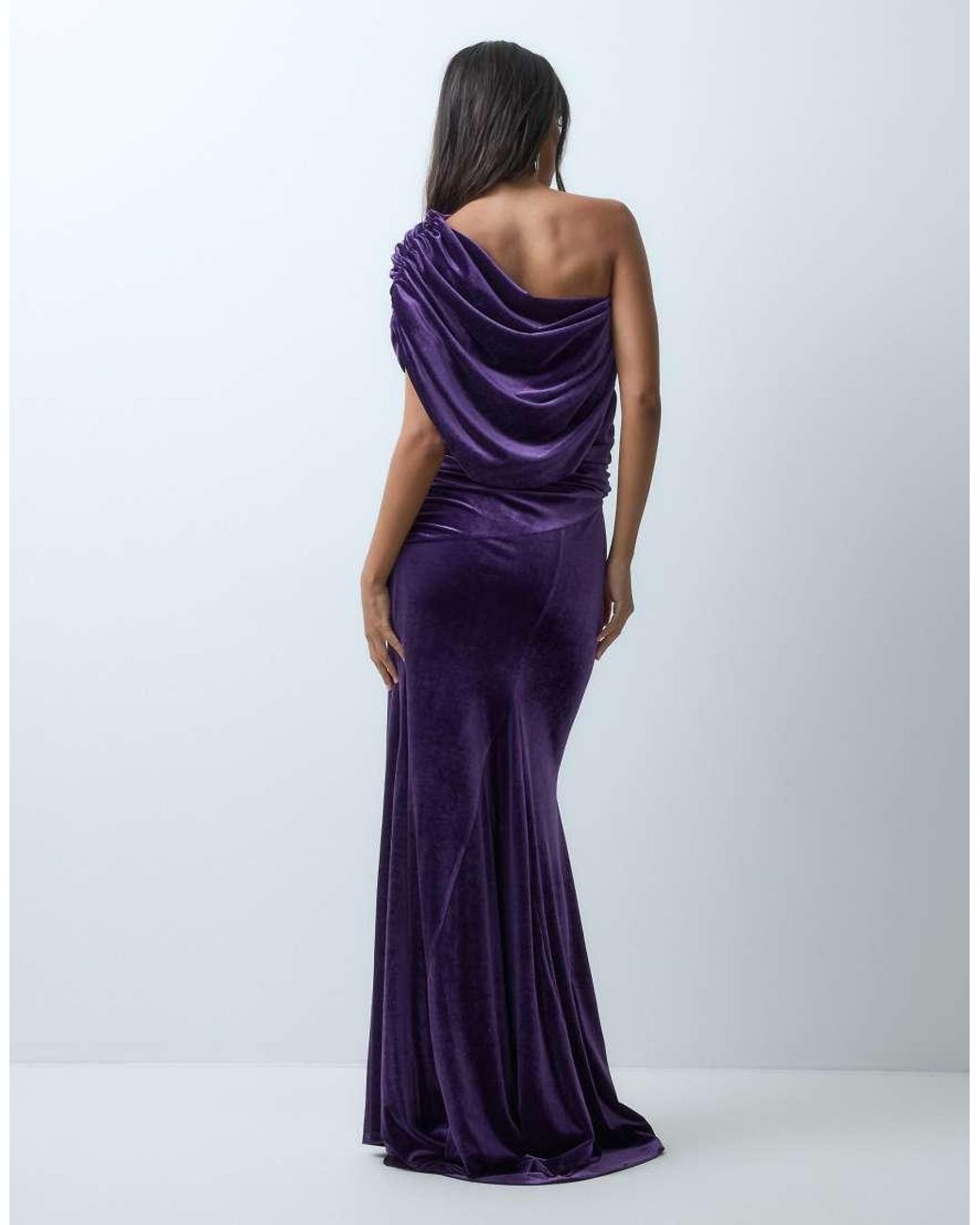 ASOS Purple Velvet Off Shoulder Wrap Bodice Detail Maxi Dress With Train