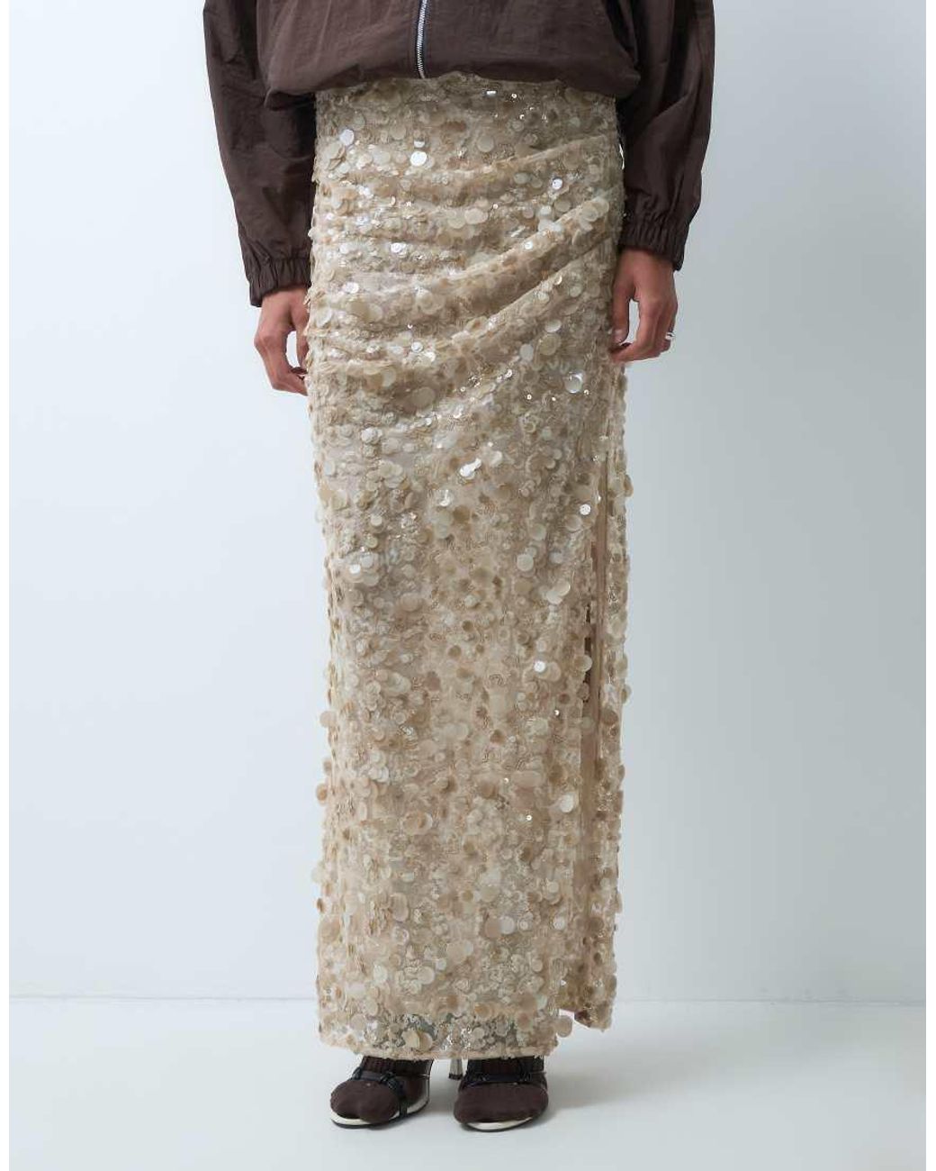 ASOS Natural Co-ord Sequin Gathered Waist Maxi Skirt With Side Split