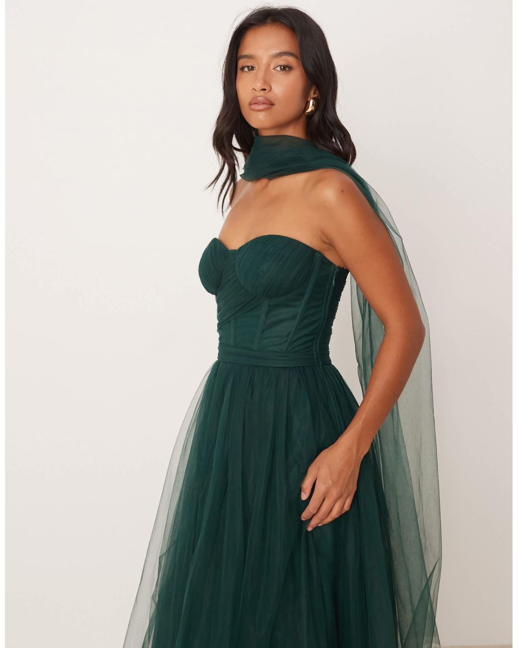 LACE & BEADS Scarf Neck Corset Tulle Maxi Dress in Green | Lyst