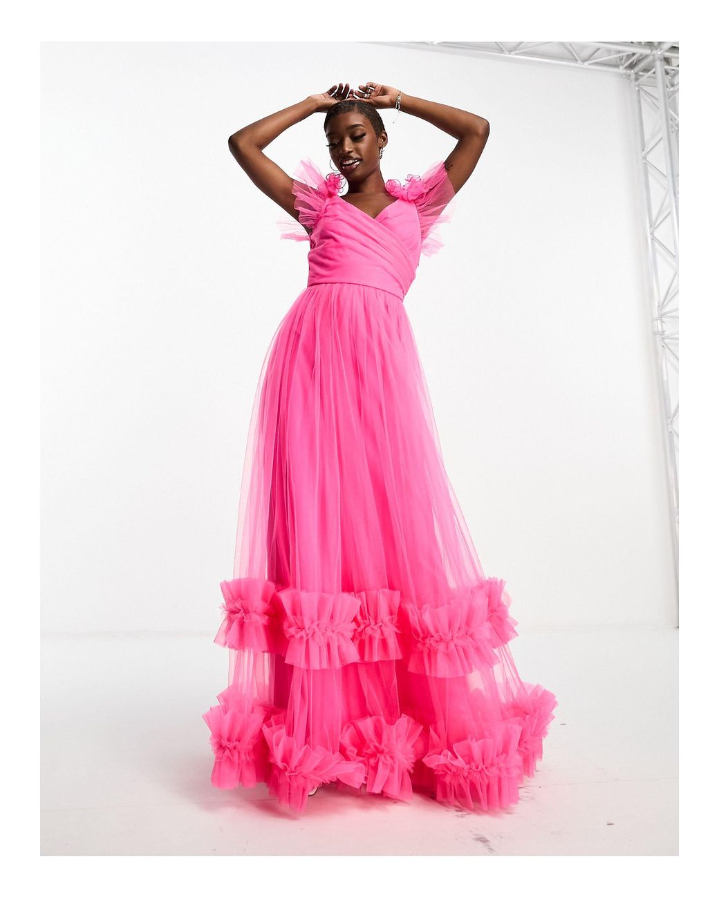 LACE BEADS Lace And Beads Tulle Maxi Dress With Frill Detail in