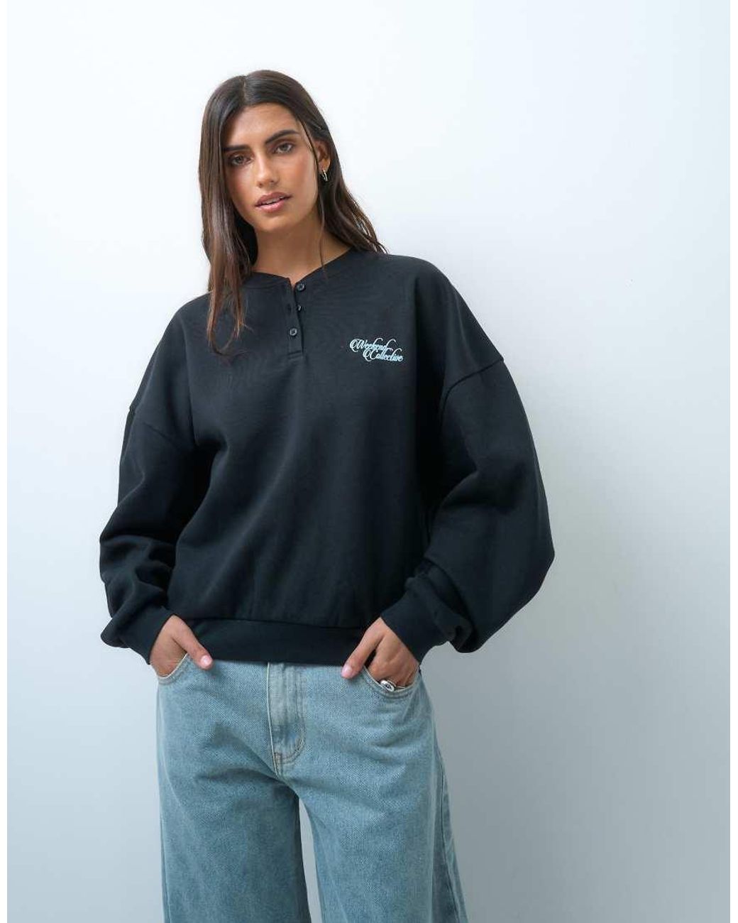 ASOS Blue Weekend Collective Set Oversized Henley Sweatshirt With Graphic