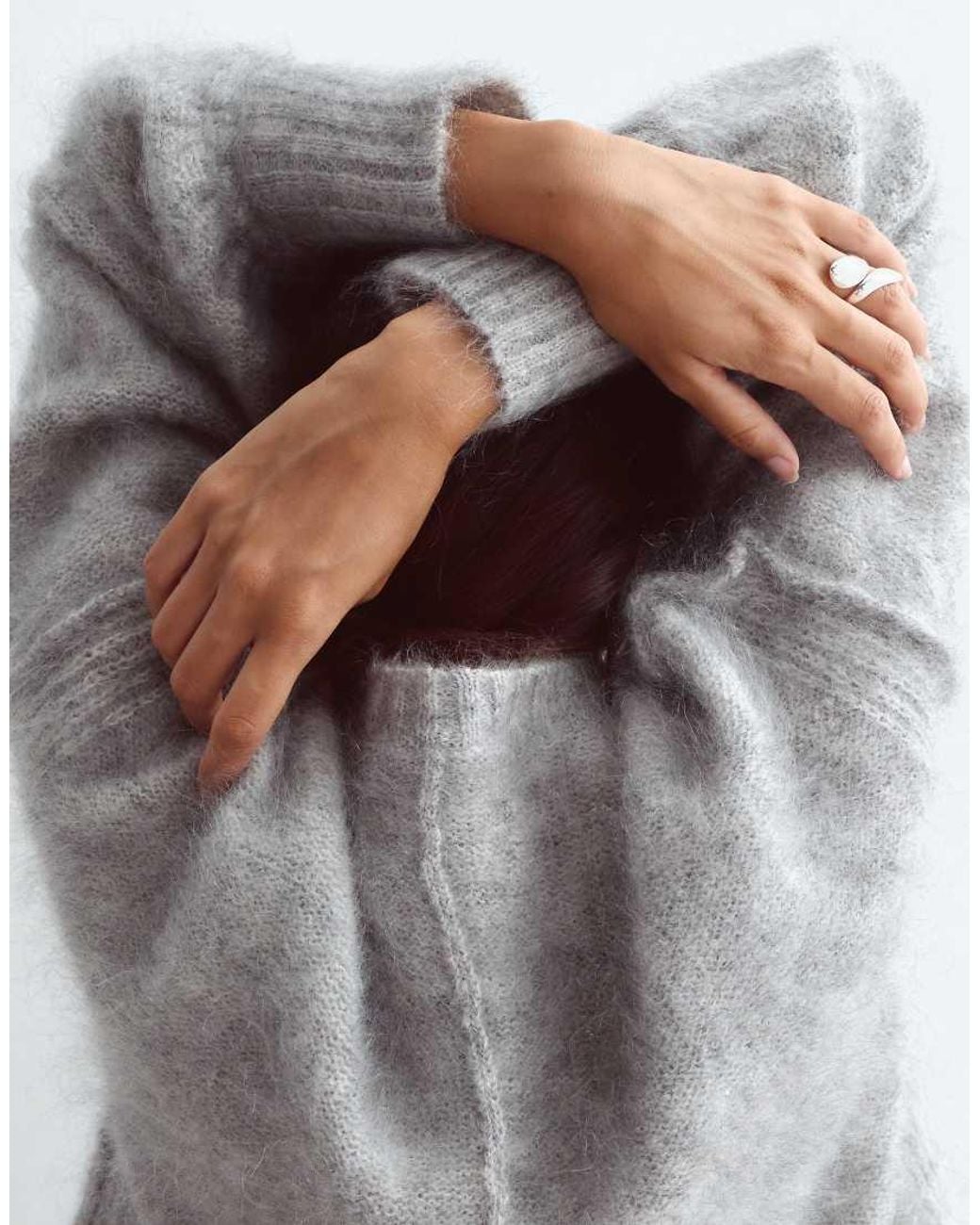 ARRANGE Gray Premium Oversized Mohair Rich V-neck Sweater