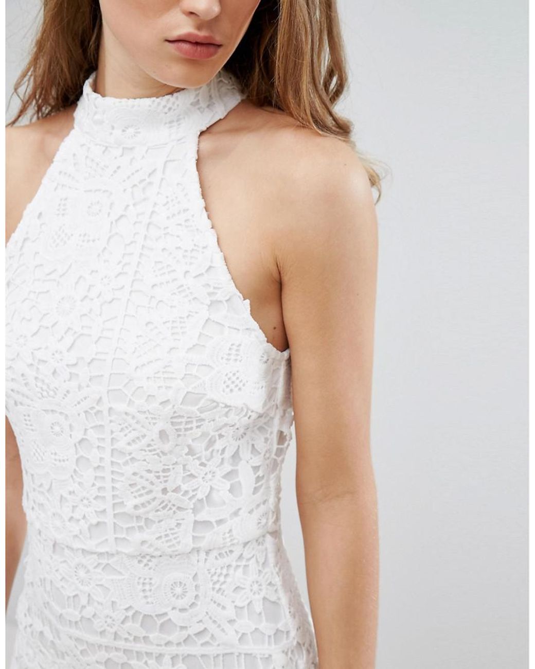Missguided Lace Halterneck Fishtail Midi Dress in White