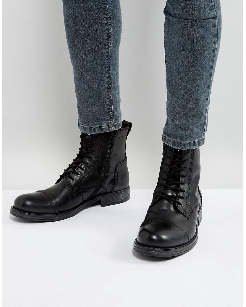 Jack & Jones Russel Leather Lace Up Boots in Black for Men | Lyst