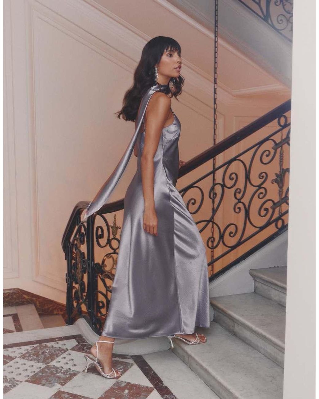 4th & Reckless Metallic Satin One Shoulder Drape Scarf Detail Maxi Dress
