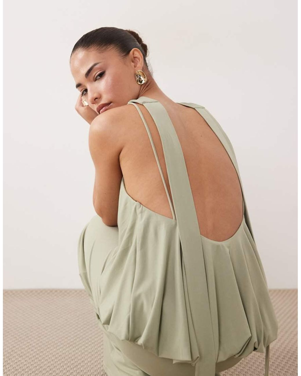 TFNC London Green Slinky High Neck Halter Detail Backless Maxi Dress