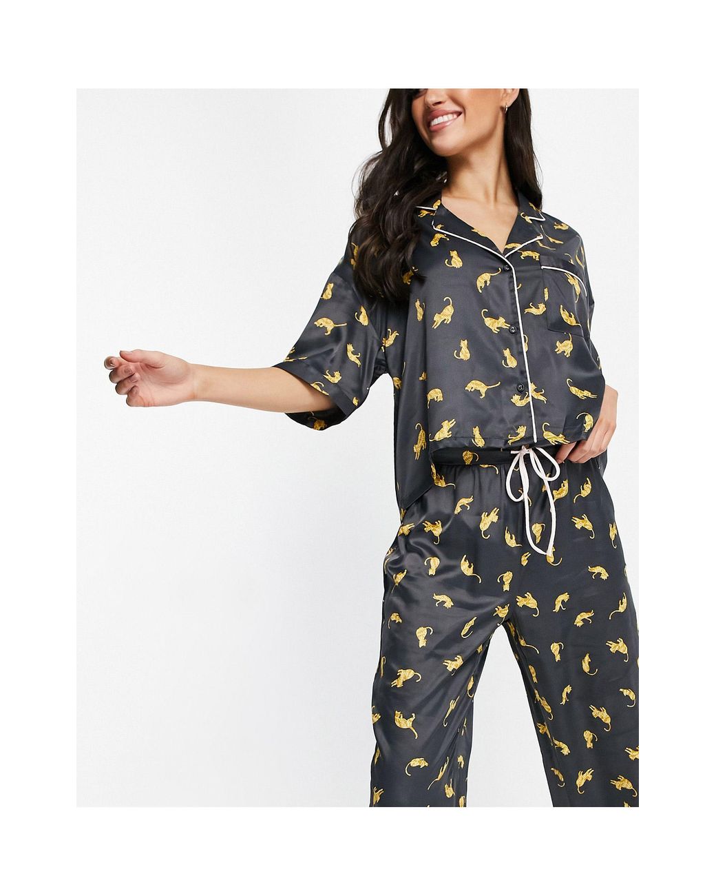 TOPSHOP Cat Print Satin Pyjama Set in Black | Lyst