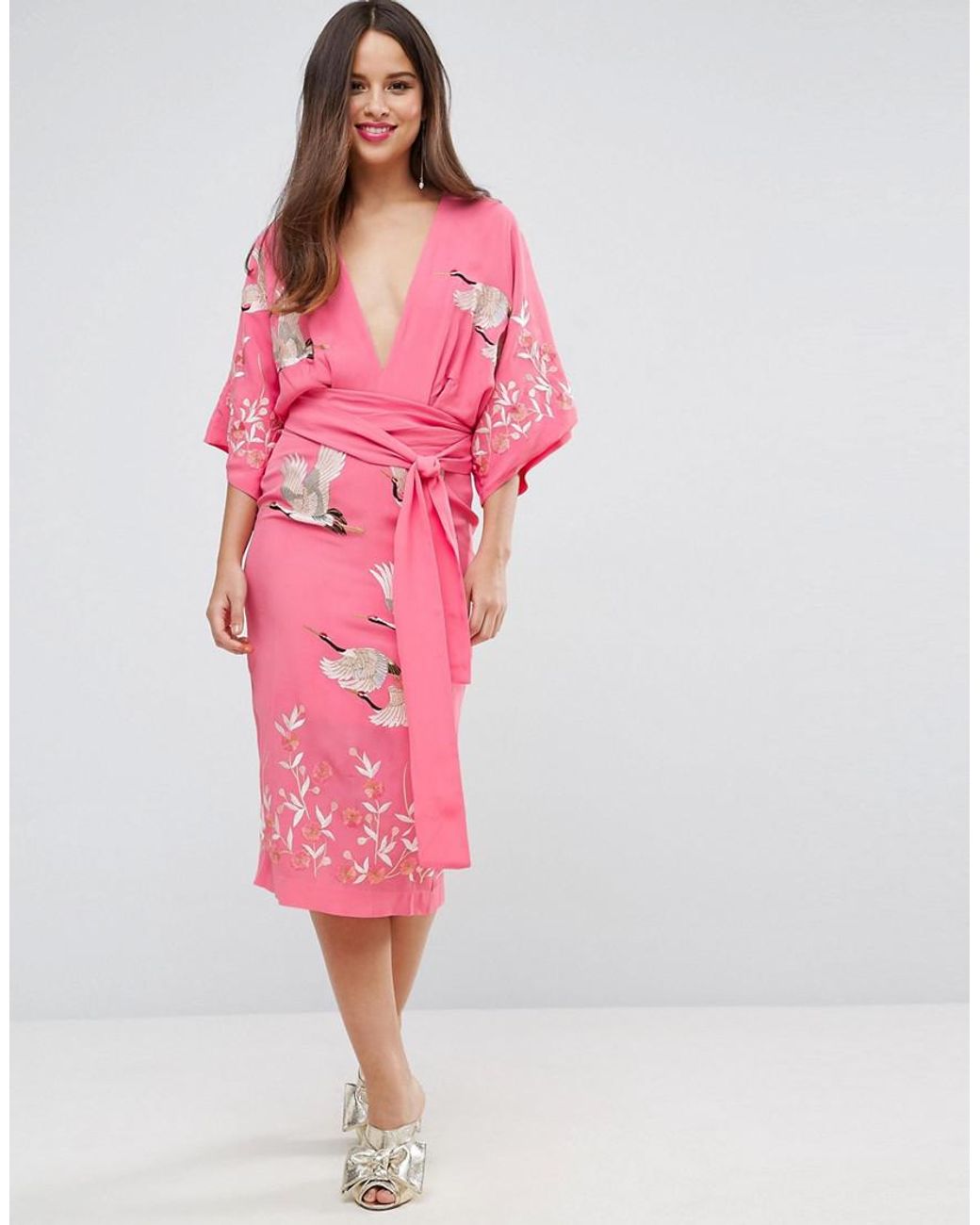asos design midi dress with pretty floral and bird embroidery ASOS EDITION floral embroidered satin midi dress with drawstring channel in black