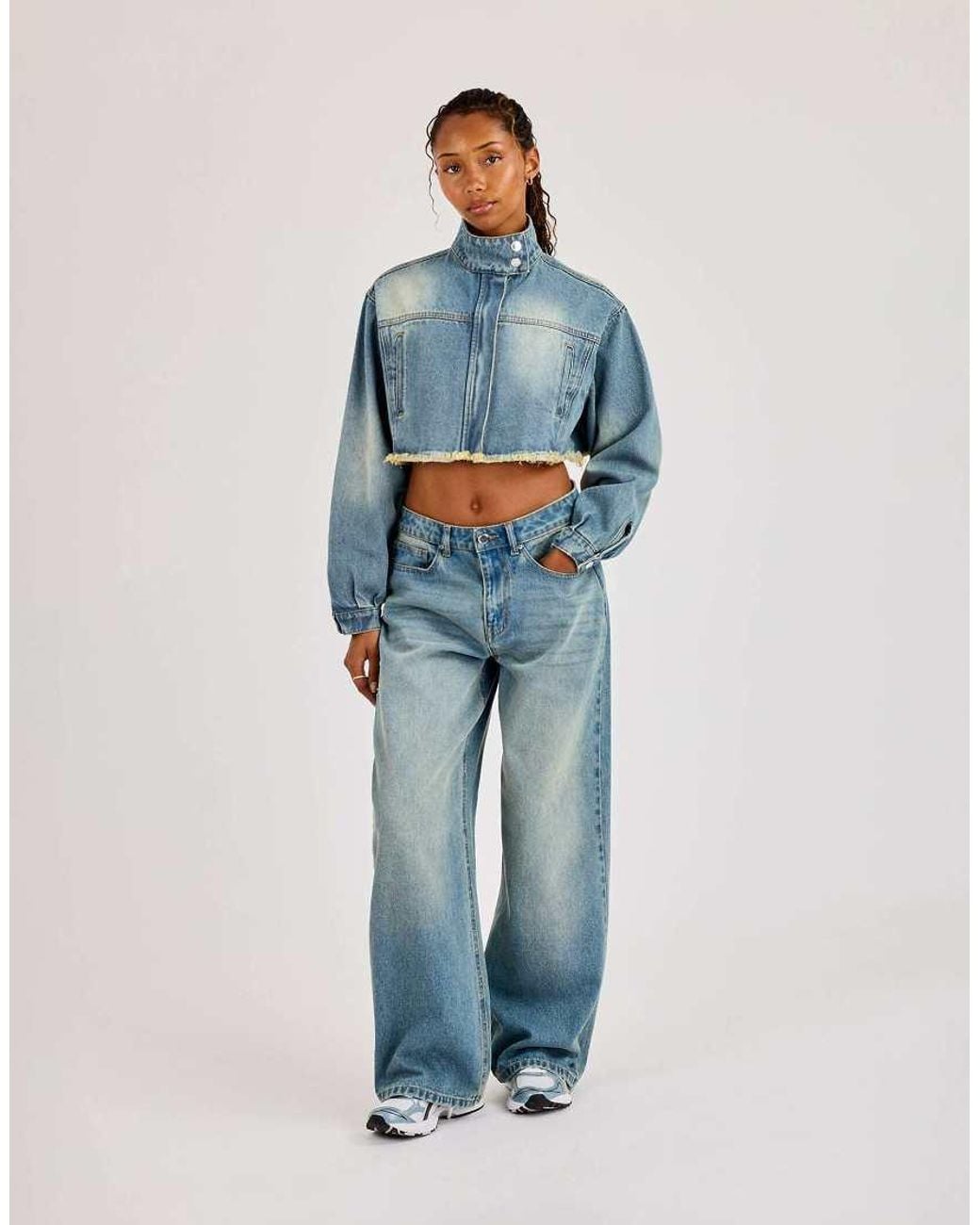 CERNUCCI Blue Super Crop Funnel Neck Denim Jacket