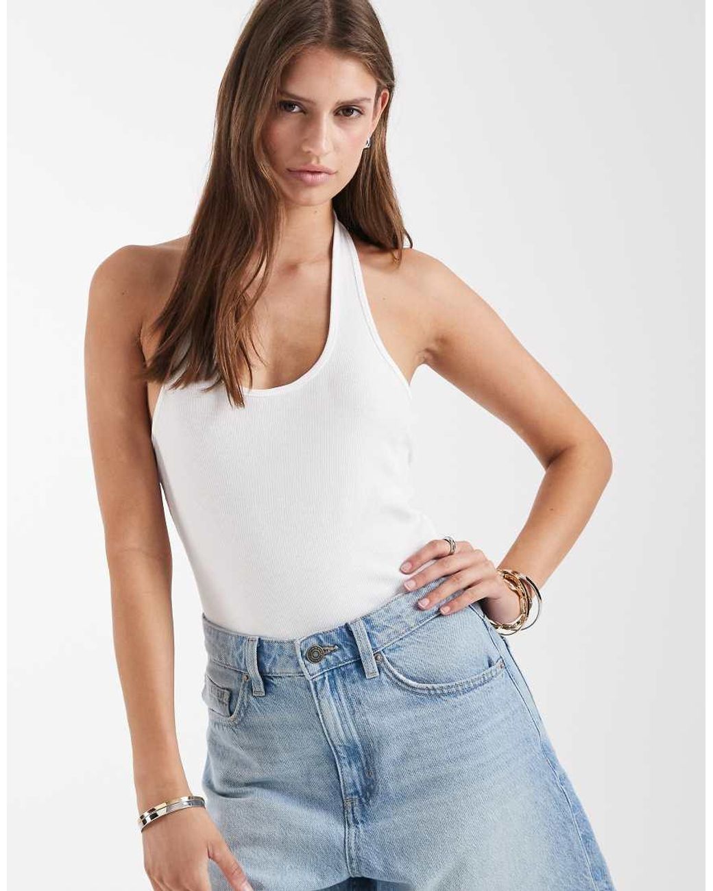 & Other Stories Blue Ribbed Jersey Halterneck Bodysuit