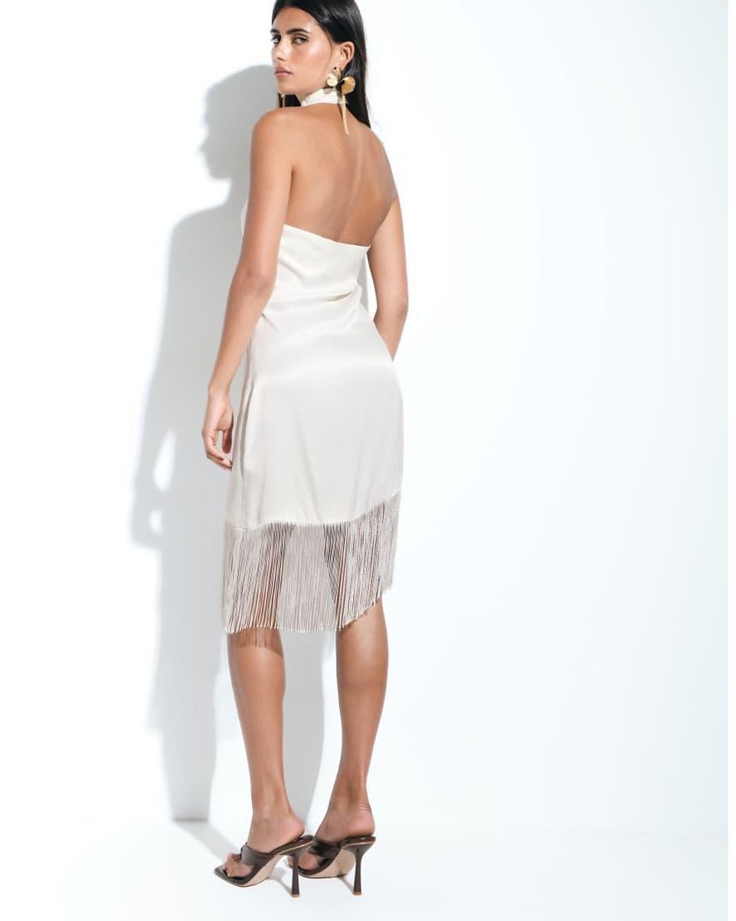 ASOS White Satin Cowl Neck Fringe Detail Mini Dress